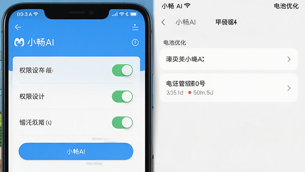 主体为小畅AI在手机上的设置页面与权限管理界面并排展示,布局为左右双屏对比,排版左侧为权限开关、右侧为电池优化选项,风格为实用教程截图风,细节包括“小畅AI”名称、清晰的按钮文字、干净的浅色背景,画质高清,干净,无多余元素。