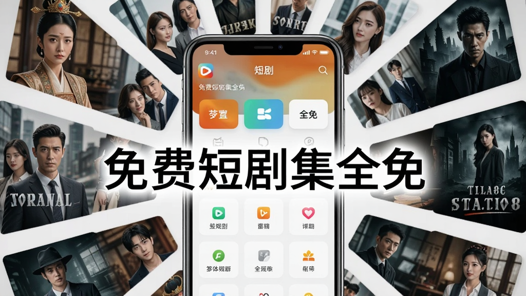一幅AI生成的画面,中心位置是手机屏幕显示短剧分类页面,周围环绕着不同题材的短剧海报缩略图,包括古装人物、现代都市男女、悬疑暗黑风格等,布局呈放射状排列,风格现代简洁,画质高清干净,画面中带文字“免费短剧集全免”