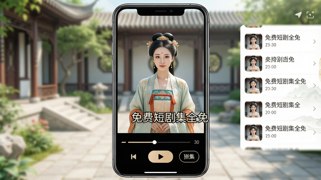 手机界面展示短剧播放器正在播放画面,屏幕中一位古装女子站在庭院中,下方有播放进度条和选集按钮,周围有推荐侧边栏,风格清新明亮,画质细腻,画面中带文字“免费短剧集全免”