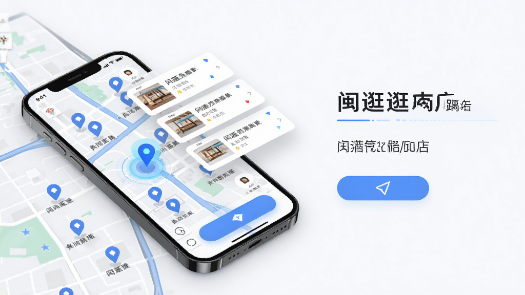 闽逛逛门店定位功能界面,画面展示一张城市地图,地图上标注多个门店位置图标,手机屏幕悬浮在地图上方显示门店列表和距离信息,主体为地图与手机组合,布局采用对角线构图,排版左图右文,风格为科技感地图UI风格,细节包括定位光标、门店卡片、导航按钮,画质高清,干净,无多余元素