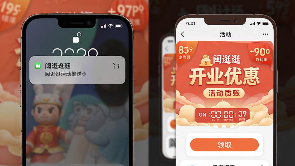 闽逛逛活动推送界面,画面展示手机锁屏通知与APP内活动横幅,横幅上写有开业优惠字样,主体为手机与活动卡片组合,布局采用层叠式构图,排版突出活动标题,风格为促销活动视觉风格,细节包括折扣标签、倒计时元素、领取按钮,画质高清,干净,无多余元素