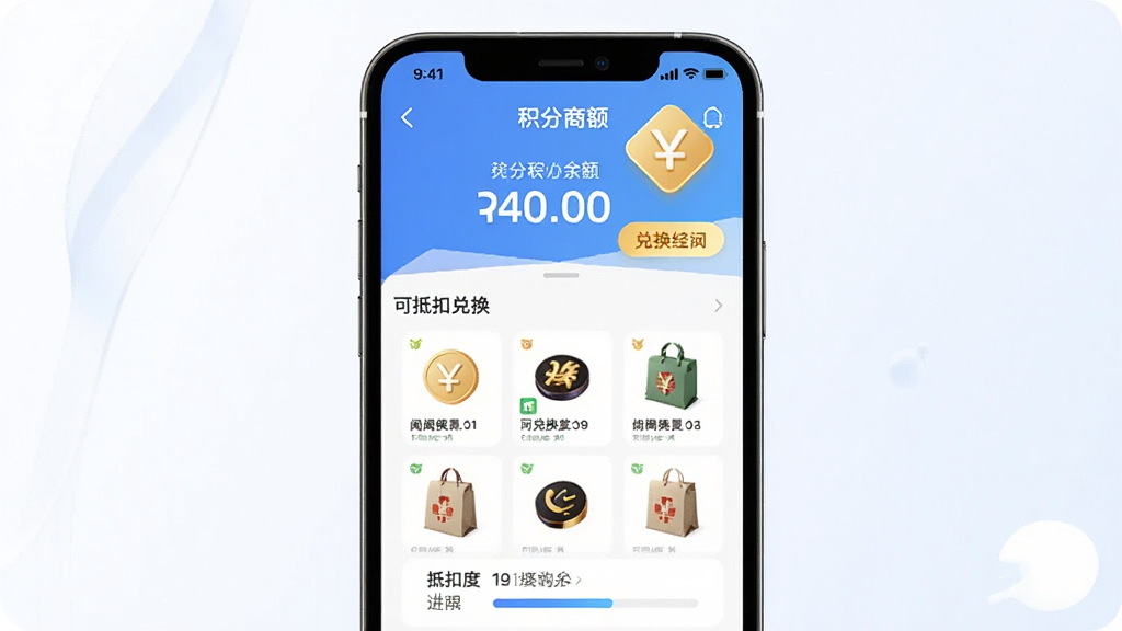 闽逛逛积分购物界面,画面中央是手机屏幕显示积分商城页面,包含积分余额数字、可兑换商品网格、抵扣比例说明,主体为手机与积分图标组合,布局采用上下结构,排版居中对称,风格为清新电商UI风格,细节包括积分数字高亮、兑换按钮、进度条,画质高清,干净,无多余元素