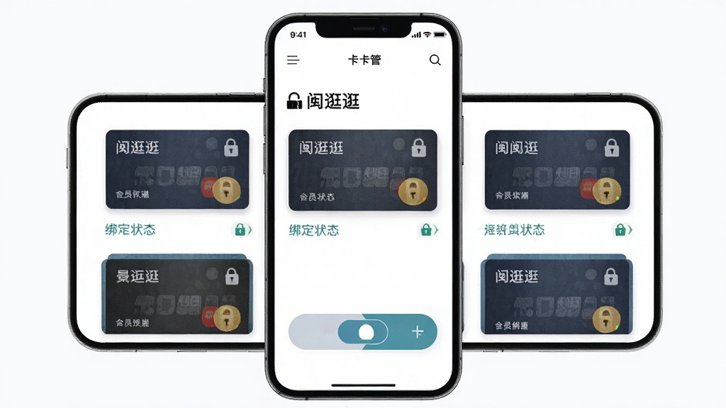 闽逛逛多卡绑定管理界面,画面中央是手机屏幕显示卡片管理页面,包含多张会员卡缩略图、绑定状态标识、切换按钮,主体为手机与卡片元素组合,布局采用横向排列,排版整齐有序,风格为简约金融UI风格,细节包括卡片纹理、绑定图标、安全锁标识,画质高清,干净,无多余元素