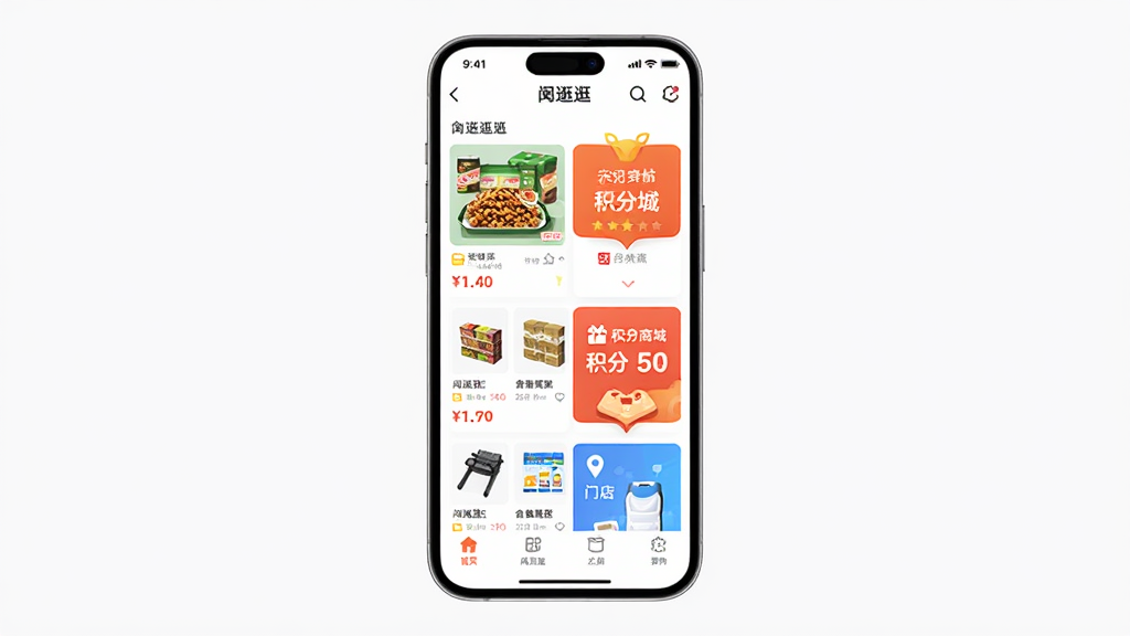 闽逛逛应用主界面展示,画面中央是一部智能手机,屏幕显示闽逛逛APP首页,包含超市商品列表、积分商城入口和门店导航模块,主体位于画面正中,布局采用居中构图,排版简洁清晰,风格为现代扁平化UI设计,细节包括商品缩略图、价格标签、底部导航栏图标,画质高清,干净,无多余元素