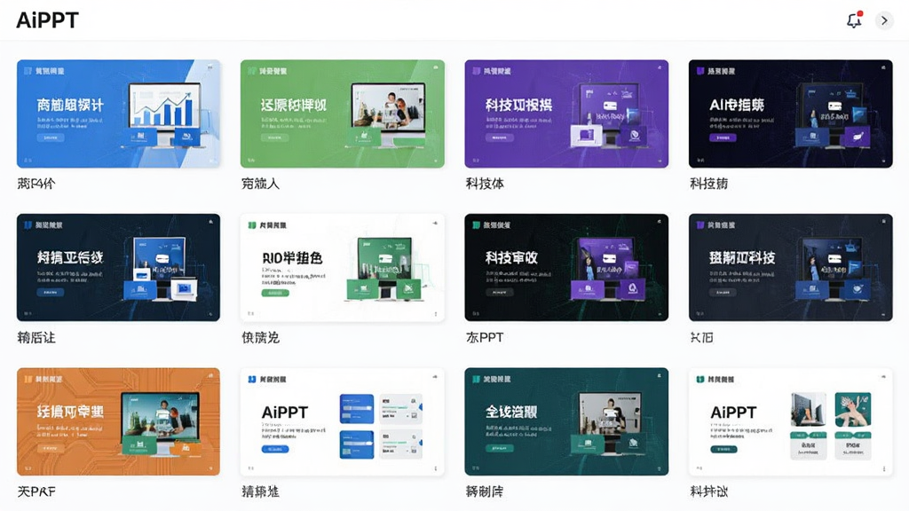 一张展示AiPPT生成软件模板库界面的图片,画面中整齐排列着多种风格的PPT模板缩略图,包括商务蓝、清新绿、科技紫等配色,每张缩略图下方有分类标签,界面布局清晰,风格为现代简约,画质清晰,干净,无多余元素