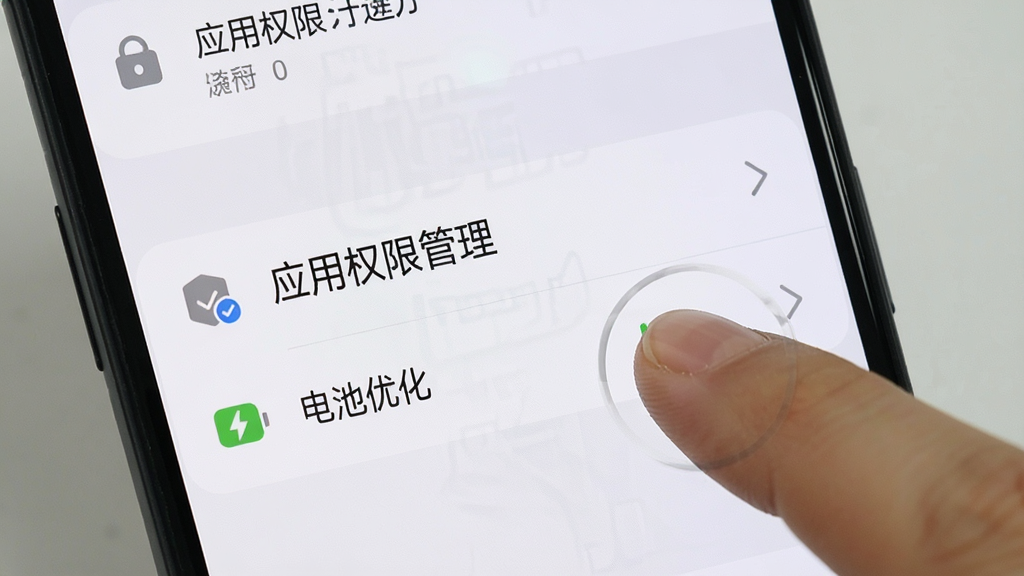一张展示手机设置界面的图片,画面中突出显示“应用权限管理”和“电池优化”两个选项,旁边有手指点击的示意,背景为手机系统设置界面,风格为实用教程截图,画质清晰,干净,无多余元素