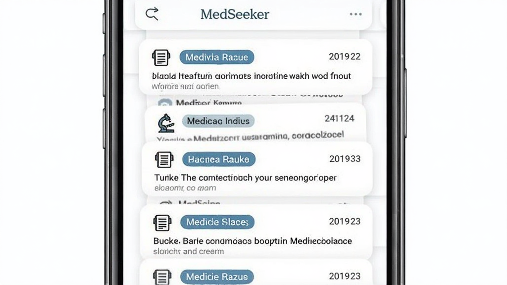 һ��չʾMedSeeker���׾ۺϹ��ܵ�ʾ��ͼ������������һ���ֻ���Ļ����Ļ���Կ�Ƭ����ʽչʾ����ҽѧ����ժҪ��ÿ�ſ�Ƭ������Դ��ǩ�ͷ�����ݣ���Ƭ���ٲ������У�����Ϊ��ɫ�����ɾ�רҵ��ϸ�ڰ�����Ƭ�ϵ�Сͼ���ժҪ���֣������������ɾ����޶���Ԫ��