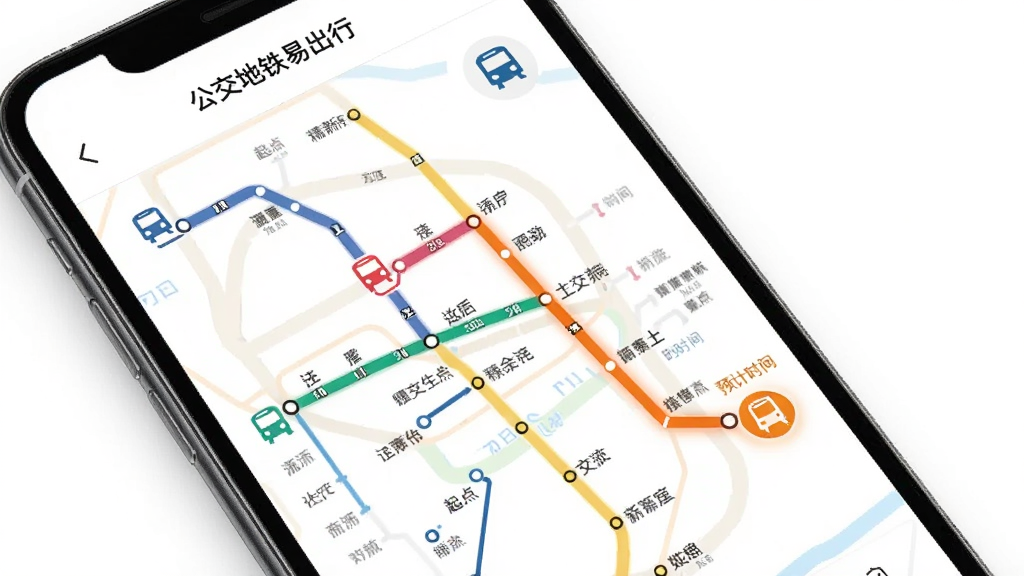手机界面展示“公交地铁易出行”的线路图页面,屏幕上有彩色地铁线路和站点标记,一条高亮路线从起点延伸到终点,旁边有换乘图标和预计时间。背景是干净的白色,风格简洁现代,画质清晰,文字可读,无多余装饰。