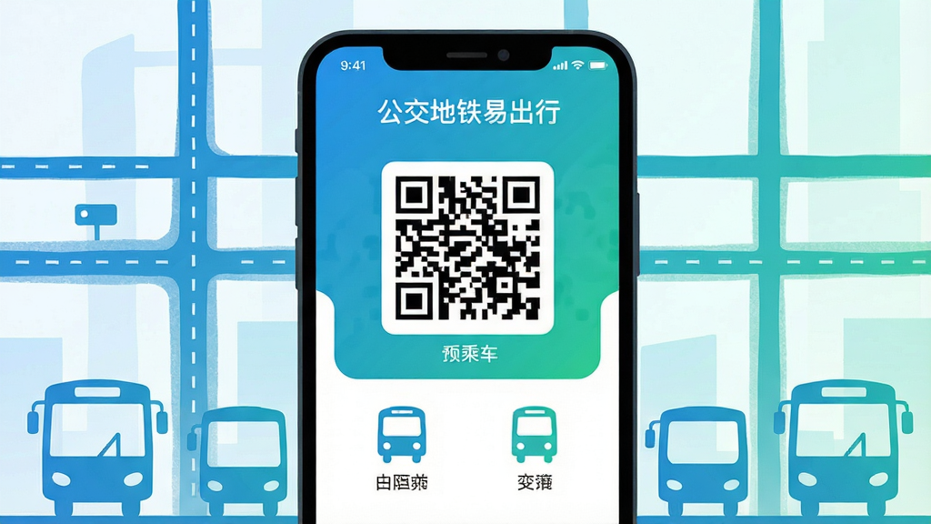 画面中央是一部智能手机,屏幕上显示“公交地铁易出行”应用主界面,界面内有醒目的乘车二维码和公交地铁线路图标。背景是简洁的城市交通路网线条和公交地铁剪影。整体采用扁平化插画风格,色彩以蓝绿渐变为主,干净明亮。无多余元素,画质高清,构图居中,文字清晰。