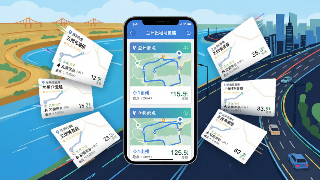 以“兰州出租司机端”订单推送界面为画面主体,手机屏幕显示多张订单卡片,卡片上有起点终点路线图与里程数字;背景为兰州黄河与城市道路的抽象线条,整体布局为手机居中、订单卡片环绕飞出的动感构图,风格为扁平科技插画,细节干净,画质高清,无多余元素