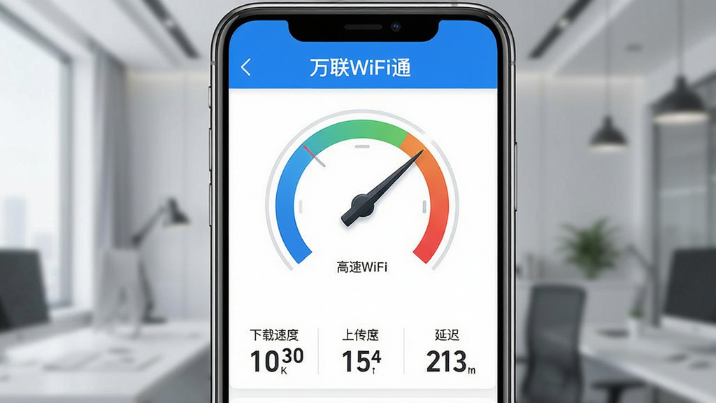 һ��չʾ������WiFiͨ��������ٽ����ͼƬ���ֻ���Ļ������ʾһ��Բ���Ǳ��̣�ָ��ָ����������·��������ٶȡ��ϴ��ٶȡ��ӳ�����������ֵ�������С�����WiFiͨ��Ӧ�����ơ����־��жԳƣ����Ϊ�ִ���Լ�Ƽ��磬��ɫ����ɫ�Ͱ�ɫΪ����ϸ�������������������޶���Ԫ�ء�