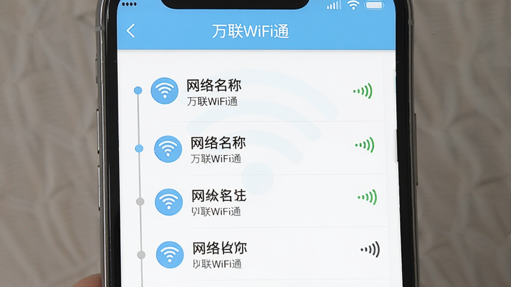 һ��չʾ������WiFiͨ�����Ӽ�¼���������ͼƬ���ֻ���Ļ��ʱ������ʽ�г�����WiFi���Ӽ�¼��ÿ����¼�����������ơ�����ʱ����ź�ͼ�꣬�����С�����WiFiͨ��������������Ϊ�����б��ṹ�����Ϊ��ˬ��Լ�磬��ɫ��ǳ���Ͱ�ɫΪ����ϸ�����������ʸɾ����޶���Ԫ�ء�