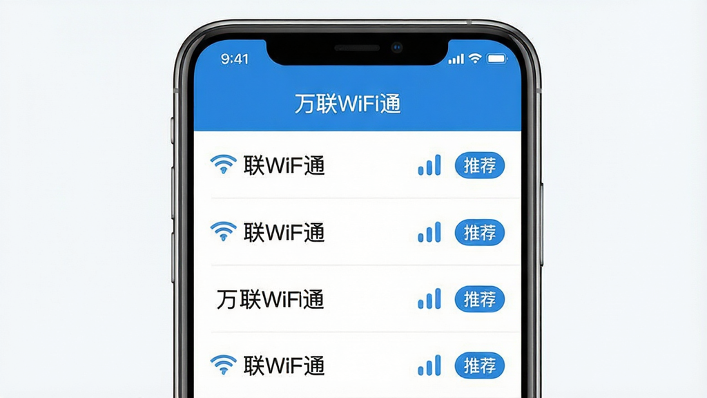 һ��չʾ������WiFiͨ�������ȵ㷢�ֹ��ܵ�ͼƬ����������Ϊ�ֻ���Ļ����Ļ�����б���ʽչʾ���WiFi�ȵ����ƣ�ÿ���ȵ��Ҳ����ź�ǿ��ͼ��͡��Ƽ�����ǩ�������С�����WiFiͨ�����������ֲ������½ṹ���Ϸ�Ϊ״̬�����·�Ϊ�ȵ��б������Ϊ��ƽ���Ƽ��磬������ɫ����ϸ�����������ʸɾ����޶���Ԫ�ء�