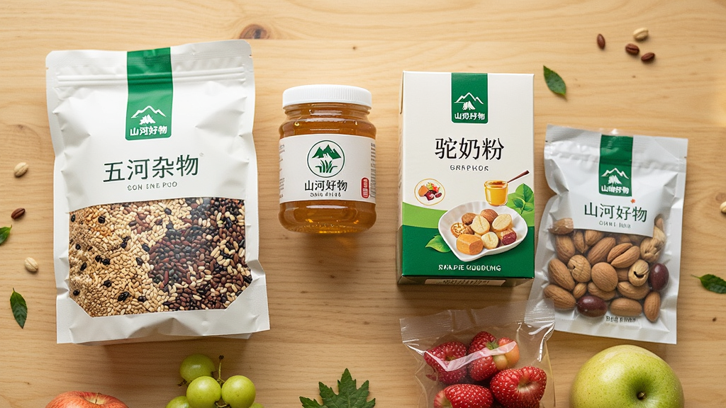 画面采用俯视视角的静物摄影风格,一张浅色木桌上整齐摆放着各类商品,包括一袋五谷杂粮、一罐蜂蜜、一盒驼奶粉、一包坚果以及几样新鲜水果,所有商品包装上均带有“山河好物”的品牌标识,布局紧凑有序,光线均匀柔和,画质干净细腻,无多余元素