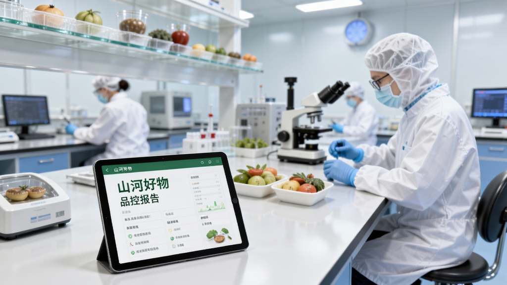 画面展示一个干净整洁的现代化食品检测实验室,身穿白色工作服的技术人员正在对农产品样本进行检测,前景处放置着一台平板电脑,屏幕上显示着“山河好物”的品控报告页面,整体色调明亮专业,构图平稳,画质清晰,无多余元素