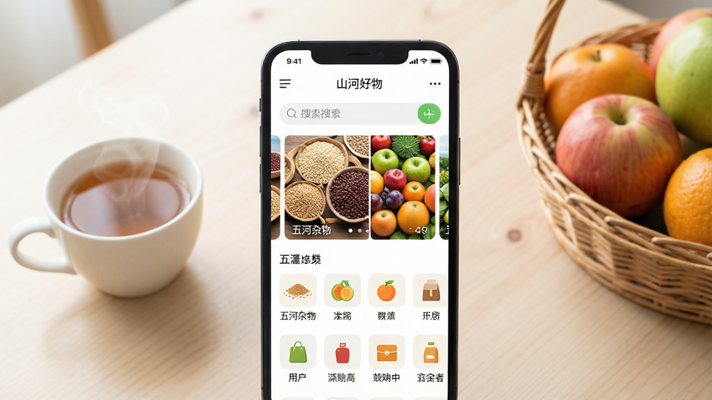 一张展示移动端购物应用界面的图片,画面中央是一部智能手机,手机屏幕上显示着“山河好物”应用首页,页面布局包含顶部搜索栏、中部轮播图展示着五谷杂粮与新鲜水果的图片、下方排列着商品分类图标,背景是干净明亮的浅色木纹桌面,旁边摆放着一杯热茶和一篮水果,整体风格清新自然,细节清晰,画质干净,无多余元素
