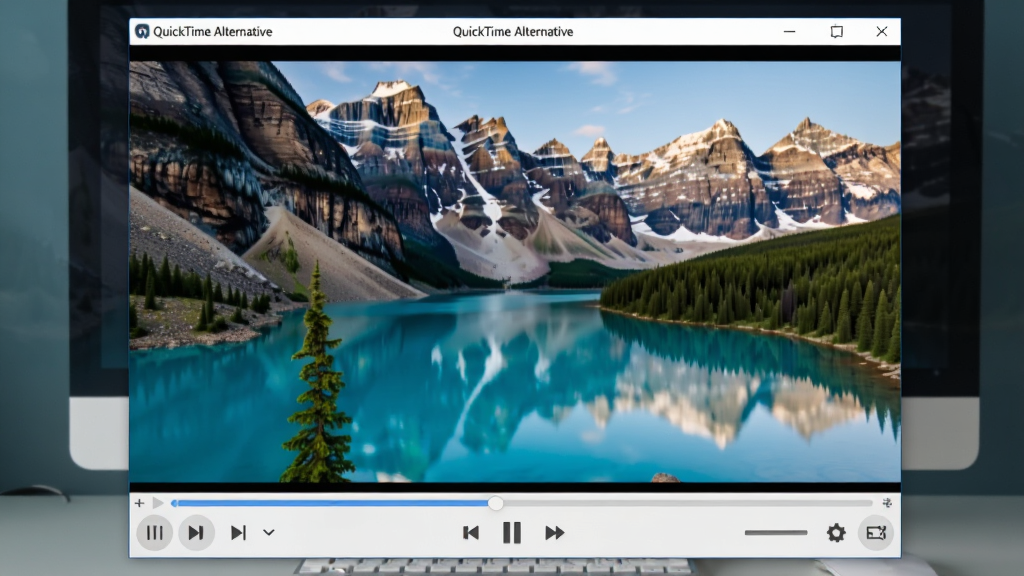 一张展示 QuickTime Alternative 软件界面的高清图片,主体是一个简洁的媒体播放器窗口,正在播放一段高清自然风景视频,画面中有山脉和湖泊,窗口周围有播放控制按钮,布局在电脑桌面上,排版清晰,风格是科技简约风,细节包括软件名称 QuickTime Alternative 显示在标题栏,画质高清,干净,无多余元素