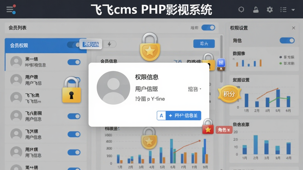 画面展示飞飞cms PHP影视系统的会员管理模块,中央为一张用户信息卡片,周围环绕权限锁、积分图标与角色标签;布局为左右分栏,左侧为会员列表,右侧为权限设置面板;排版上软件名称“飞飞cms PHP影视系统”出现在顶部标题栏;风格为清爽的界面设计图;细节包含蓝色开关按钮、头像占位符、数据图表;画质干净,无多余元素。