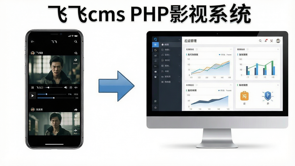 画面展示飞飞cms PHP影视系统在手机与电脑双端同步运行的场景,左侧为手机显示影视播放界面,右侧为电脑显示后台管理界面,中间用同步箭头连接;布局为左右对比式;排版上底部写有“飞飞cms PHP影视系统”字样;风格为写实UI展示图;细节包含播放进度条、菜单栏、数据图表、缓存图标;画质高清,干净,无多余元素。