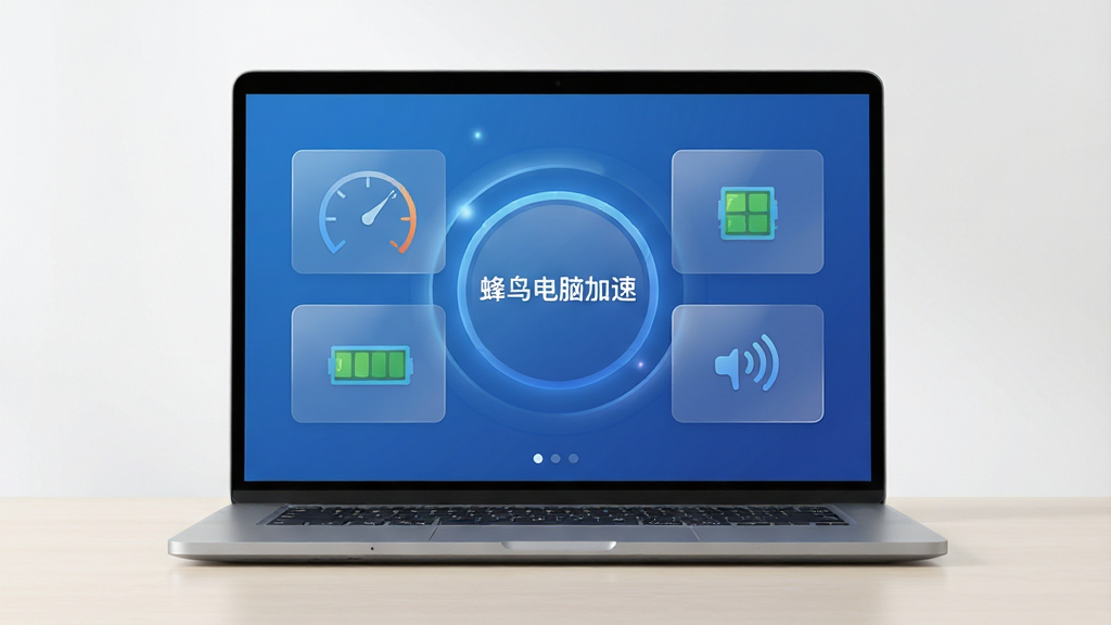 一台银灰色笔记本电脑正面放置在干净的浅色桌面上,屏幕显示蓝色调的系统加速仪表盘界面,界面中央有“蜂鸟电脑加速”文字标识,周围环绕速度表、内存条、网络信号等扁平化图标,布局居中对称,风格为现代简约科技风,细节包括细微的光晕效果与半透明卡片,画质清晰,干净,无多余元素