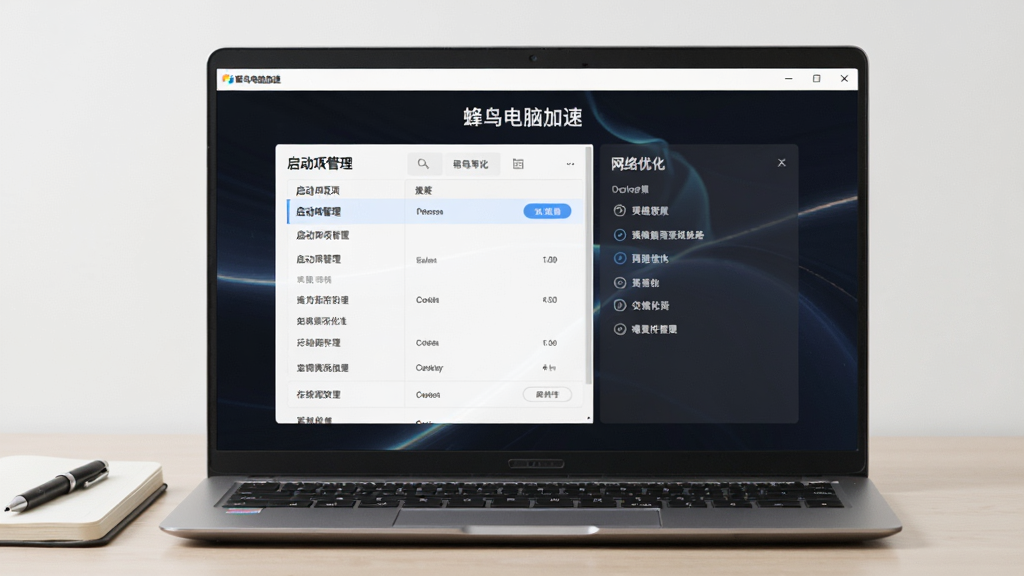 一台笔记本电脑屏幕显示“蜂鸟电脑加速”的设置界面,界面中有启动项管理列表和网络优化选项,电脑旁边放着一本笔记本和一支笔,背景为浅色桌面,布局为电脑居中,画质清晰,干净,无多余元素
