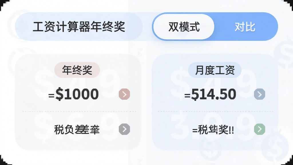 工资计算器年终奖与月度工资双模式展示,主体为软件界面中双标签切换按钮,布局为上方标签下方结果对比,排版为左右对比结构,风格为柔和圆角风,细节包括年终奖、月度工资文字标签、税负差异数字、对比箭头图标,画质高清,干净,无多余元素