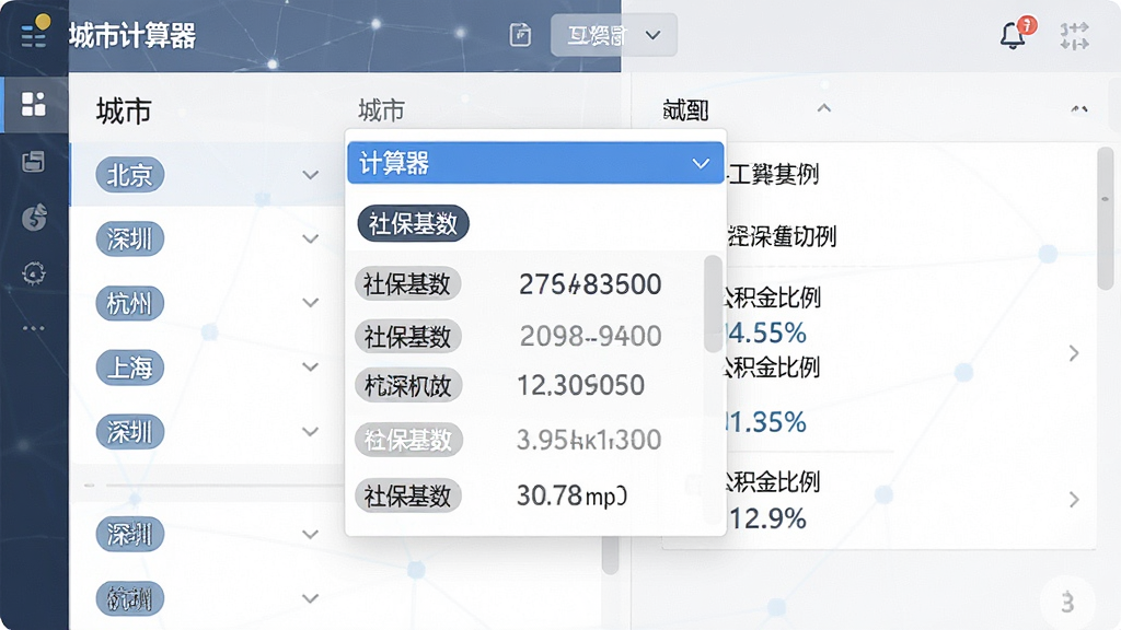 工资计算器多城市社保基数适配功能展示,主体为软件界面中城市选择下拉菜单,布局为左侧城市列表右侧参数展示,排版为上下结构,风格为扁平化商务风,细节包括北京上海深圳杭州等城市名称标签、社保基数数字、公积金比例百分比,画质高清,干净,无多余元素