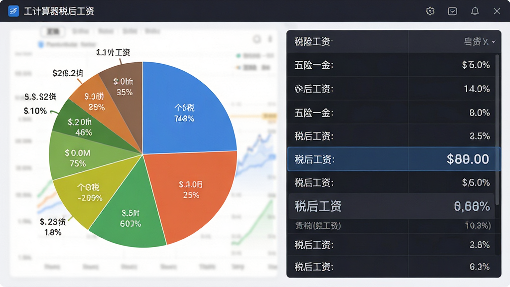 工资计算器税后工资明细可视化展示,主体为软件界面中饼图与数据列表并排显示,布局为左侧饼图右侧明细列表,排版为左右结构,风格为现代数据可视化风,细节包括五险一金扇形区域、个税扇形区域、税后工资高亮数字、百分比标签,画质高清,干净,无多余元素
