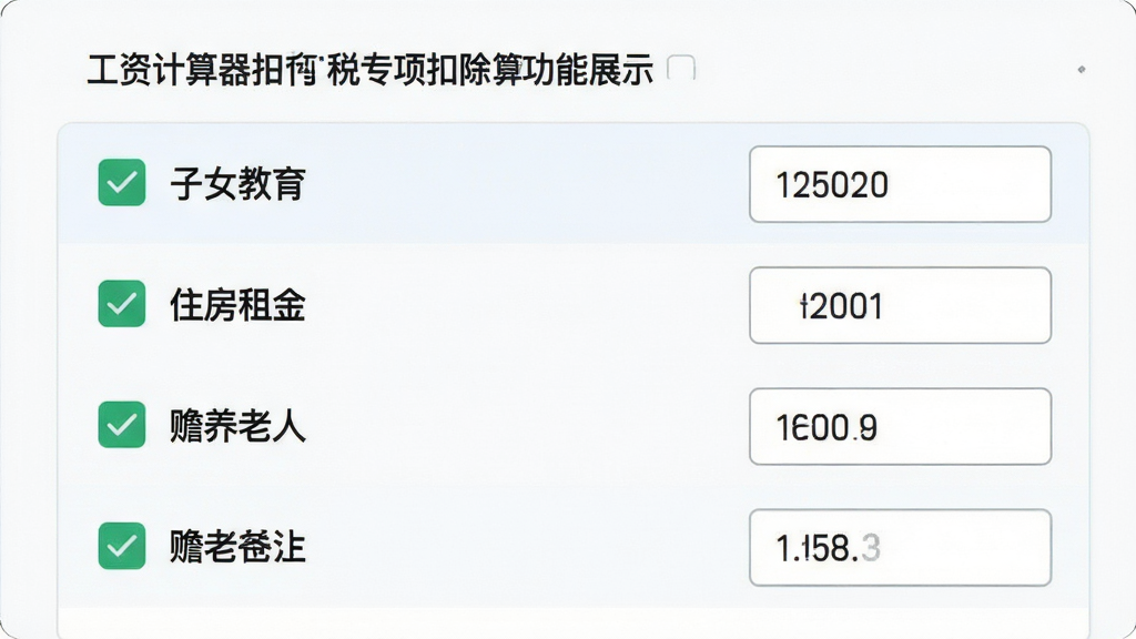工资计算器个税专项扣除计算功能展示,主体为软件界面中专项附加扣除勾选面板,布局为左侧勾选框右侧金额输入框,排版为列表式排列,风格为清爽浅色风,细节包括子女教育、住房租金、赡养老人等文字标签、勾选状态图标、数字输入框,画质高清,干净,无多余元素