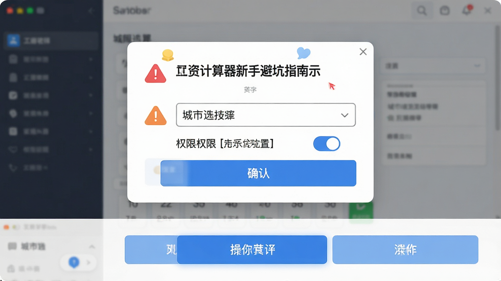 工资计算器新手避坑指南示意图,主体为软件界面中城市选择与权限设置提示弹窗,布局为上方弹窗下方操作按钮,排版为居中结构,风格为友好提示风,细节包括红色警告图标、蓝色确认按钮、城市名称下拉框、权限开关,画质高清,干净,无多余元素