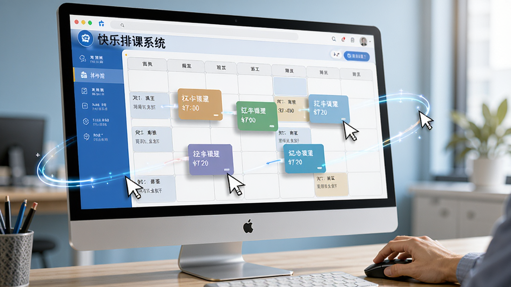 一幅AI生成的场景图,画面展示一只手持鼠标正在操作电脑屏幕上的“快乐排课系统”界面,课程卡片被拖拽到课表网格中,屏幕周围有光标轨迹和动态效果线。布局为电脑屏幕占据画面主体,手部动作位于右下角。风格为现代办公写实风,色调明亮,细节丰富,画质高清,干净无多余元素