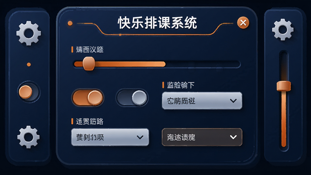一幅AI生成的设置界面图,画面展示“快乐排课系统”的参数配置面板,面板上有滑块、开关按钮、下拉菜单等控件,旁边有齿轮图标和调节杆。布局为面板占据画面中心,控制元素分布四周。风格为科技设置风,配色以深蓝和橙色为主,细节丰富,画质高清,干净无多余元素