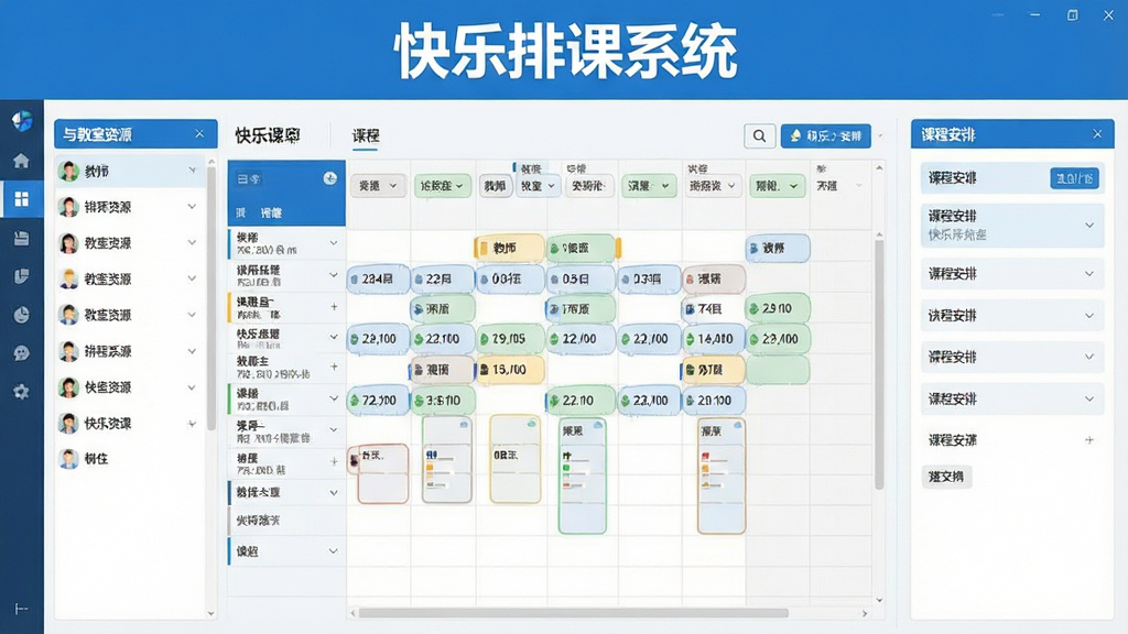 一张展示快乐排课系统软件界面的全景图,画面中央是清晰可见的课程表网格布局,左侧为教师与教室资源列表,右侧为课程安排面板,顶部有软件名称“快乐排课系统”字样。整体采用简约商务风格,配色以蓝白为主,细节丰富,布局规整,画质高清,干净无多余元素