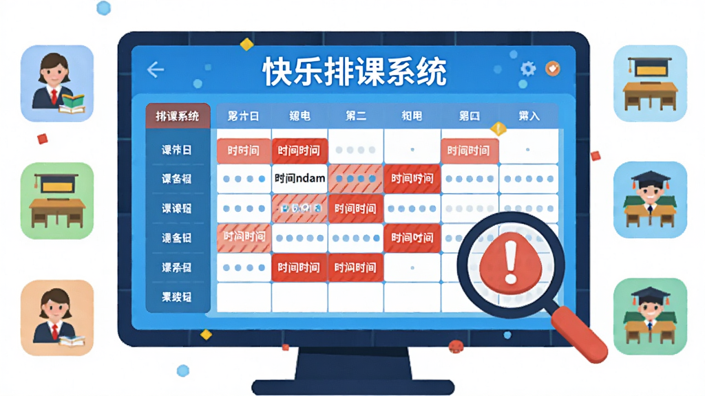 一幅AI生成的插图,画面主体是一块大型电子显示屏,屏幕上显示着“快乐排课系统”的课程表界面,用红色高亮标注出时间冲突的格子,旁边有放大镜图标和感叹号符号。布局为屏幕居中,四周环绕着教师、教室、班级的小图标。风格为扁平化科技风,色彩鲜明,细节清晰,画质高清,干净无多余元素
