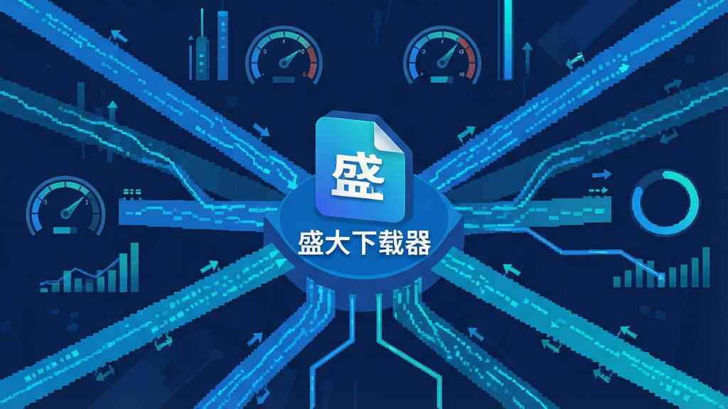 一幅展示多线程下载原理的科技感插图,画面主体是“盛大下载器”的抽象标识,周围环绕多条并发数据流线条,每条线条代表一个下载线程,汇聚到中央的文件图标上,布局采用中心辐射式构图,风格为扁平化科技插画,配色以蓝色和青色为主,细节包括速度仪表盘、进度环等元素,画质清晰,干净无多余元素