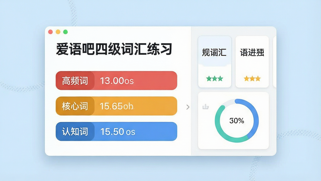 一张展示词汇分级练习界面的图片,画面主体是一块悬浮在浅蓝色背景上的软件面板,面板中
