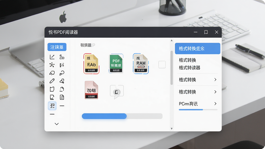 一张展示“悦书PDF阅读器”功能面板的图片,画面中央为软件界面,左侧显示注释工具栏,右侧展示格式转换选项菜单,背景为简洁的办公桌面,布局采用斜角透视展示,风格为产品功能宣传图,细节包含高亮按钮、文件格式图标、进度条,画质高清,干净无多余元素。