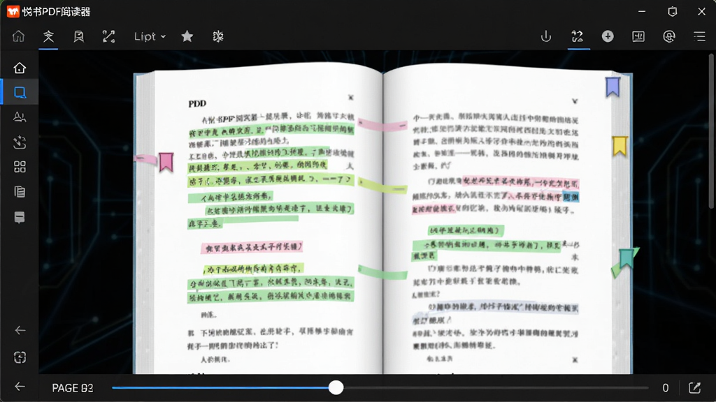 画面主体为“悦书PDF阅读器”软件运行时的阅读界面,屏幕上展示一本打开的PDF电子书,页面带有高亮标注和书签图标,界面背景为深色夜间模式,布局为全屏阅读视图,风格为科技感UI展示,细节包含顶部菜单栏、侧边导航、底部页码滑块,画质清晰,干净无多余元素。