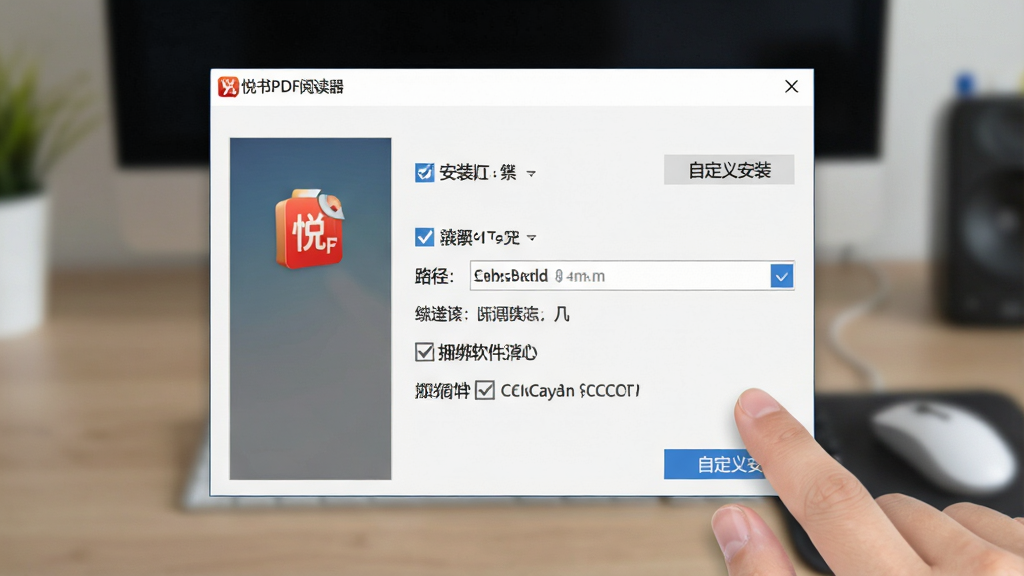 一张展示电脑端“悦书PDF阅读器”安装向导界面的图片,画面中安装窗口居中,旁边有用户手指点击鼠标的局部特写,背景为模糊的桌面环境,布局突出安装选项与勾选框,风格为软件教程截图示意,细节包含“自定义安装”按钮、路径选择框、捆绑软件取消勾选示意,画质清晰,干净无多余元素。
