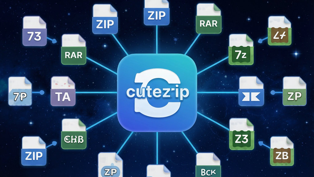 一张展示可爱压缩(cutezip)格式兼容能力的图片,主体是软件图标被各种压缩格式图标环绕,布局在画面正中央,排版上采用圆形放射状排列,风格是科技感与可爱风结合,细节包括ZIP、RAR、7Z等字母图标清晰可见、图标之间有连接线、背景为深蓝色星空,画质为4K超高清,干净无多余元素