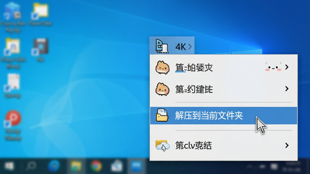 一张展示可爱压缩(cutezip)右键菜单快捷操作的图片,主体是Windows桌面右键菜单弹出框,布局在画面右侧偏下位置,排版上菜单中高亮显示“解压到当前文件夹”选项,风格是写实UI截图风格,细节包括菜单项有可爱的小图标点缀、鼠标指针悬停在选项上、背景为模糊的桌面壁纸,画质为4K超高清,干净无多余元素