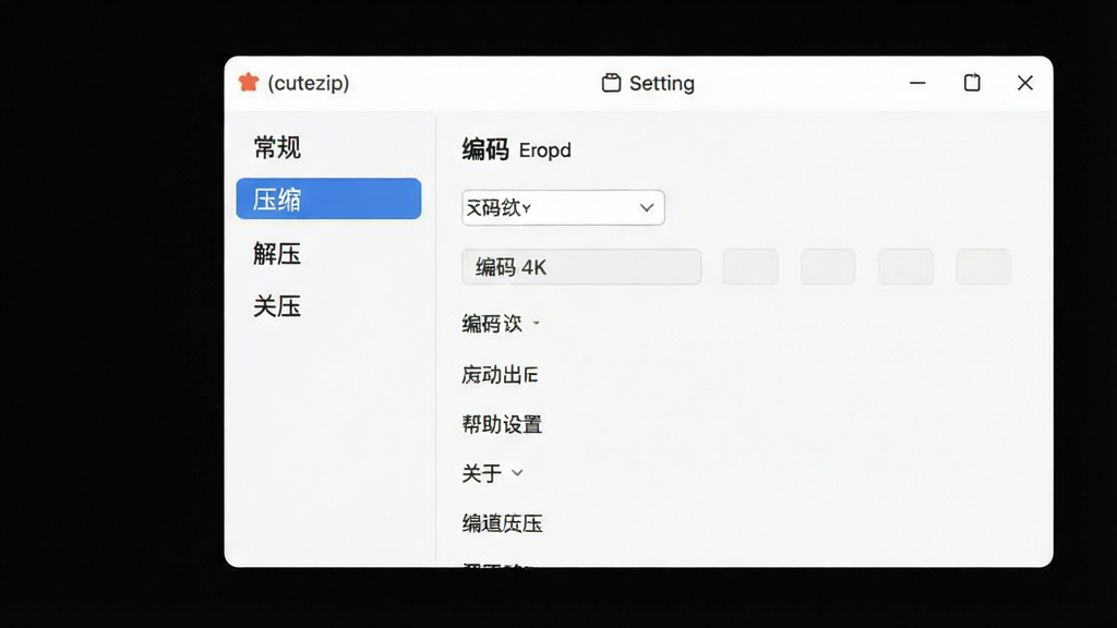 一张展示可爱压缩(cutezip)帮助中心与设置界面的图片,主体是软件设置窗口,布局在画面中央偏右,排版上左侧为导航菜单,右侧为具体设置项,风格是简洁明了的现代UI风格,细节包括菜单项有“常规”、“压缩”、“解压”、“关于”等字样、当前停留在“解压”设置页、有编码选择下拉框,画质为4K超高清,干净无多余元素