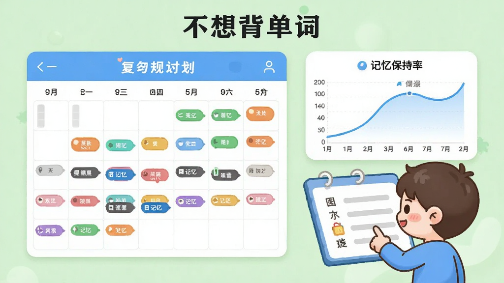 不想背单词智能复习规划界面,画面展示一个日历视图,日历上标注了不同颜色的记忆节点,旁边有曲线图显示记忆保持率,一个卡通形象正在查看计划表,背景为淡绿色,风格清新简洁,排版规整,突出软件名称“不想背单词”,画质明亮,无多余元素