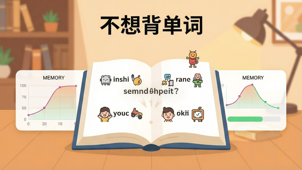 不想背单词软件主界面展示,中央放置一本翻开的电子书,书页上浮现出英文单词与对应的趣味图标,周围环绕着记忆曲线图表和进度条,背景为柔和的书房环境,暖色调灯光,扁平化插画风格,画面干净整洁,突出软件名称文字“不想背单词”,画质清晰,无多余装饰元素