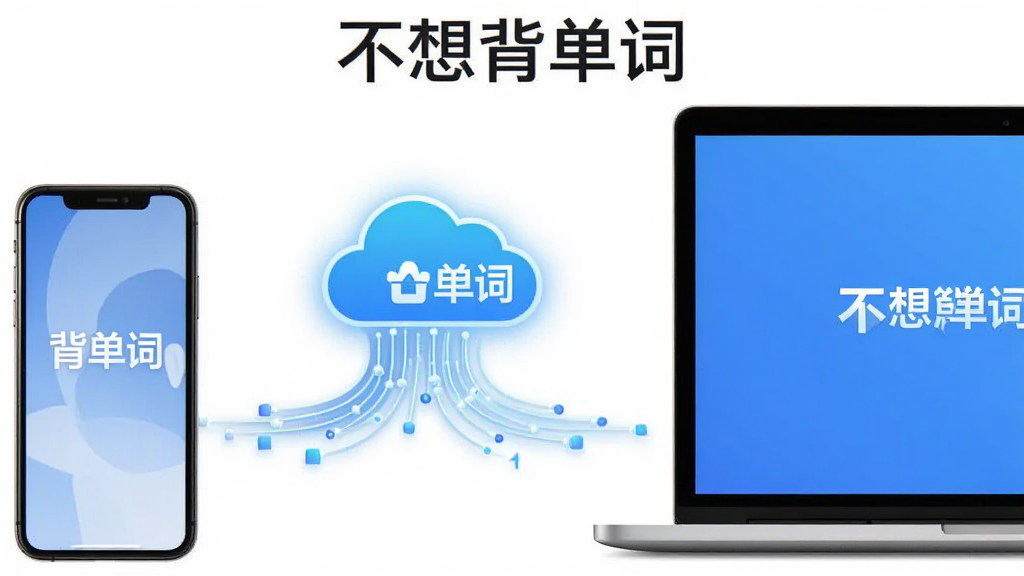 不想背单词多端同步功能展示,画面左侧是一部手机,右侧是一台笔记本电脑,两者之间用发光的云朵图标连接,云朵下方有数据流动的线条,背景为简洁的白色,风格现代商务,布局对称,突出软件名称“不想背单词”,画质清晰,无冗余装饰