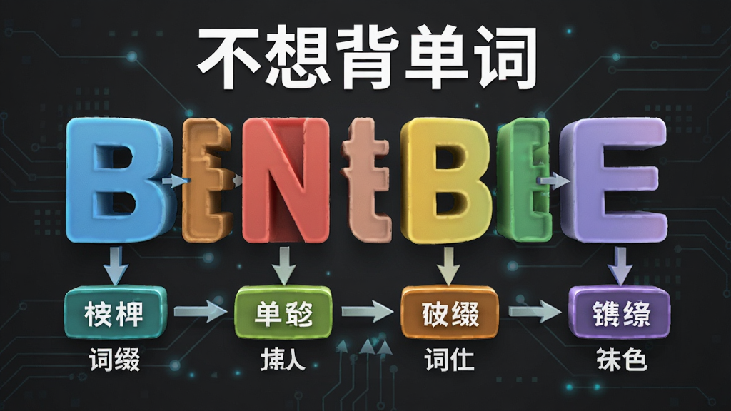 不想背单词词根词缀拆解示意图,画面中央是一个巨大的英文单词被拆分成几个彩色模块,每个模块下方有对应的中文解释,模块之间用箭头连接,背景为深灰色,科技感线条点缀,风格专业且直观,突出“不想背单词”字样,画质锐利,干净利落