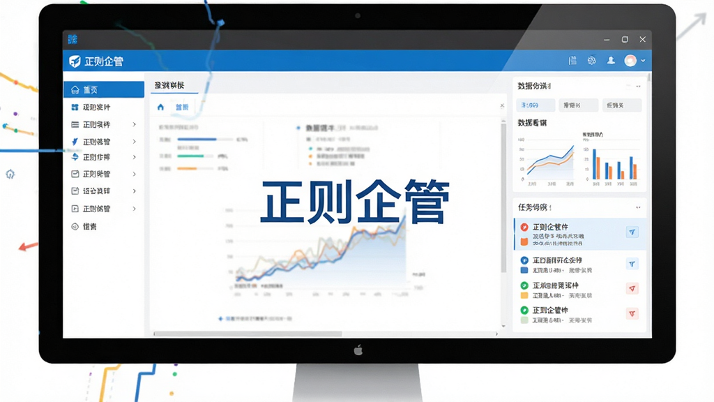 正则企管软件主界面全貌展示,画面中央为软件核心工作台窗口,左侧为功能导航栏,右侧为数据看板与任务列表,整体布局清晰,现代商务风格,蓝色与白色为主色调,界面干净整洁,屏幕中显示“正则企管”软件名称字样,高清画质,无多余元素