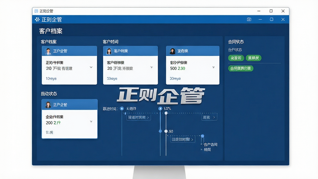 正则企管客户管理模块界面展示,画面主体为软件窗口,窗口内呈现客户档案卡片、跟进时间轴与合同状态标签,布局整齐,商务蓝色调,细节清晰,屏幕中带有“正则企管”文字标识,干净无杂乱元素,高分辨率画质