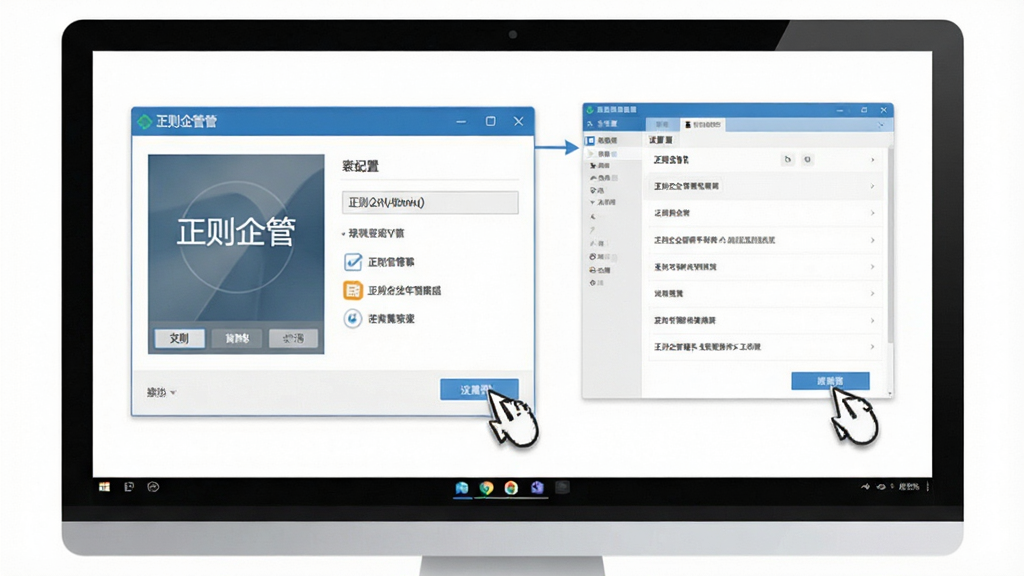 正则企管新手安装配置操作示意图,画面展示电脑屏幕上软件安装向导窗口与设置界面,旁边有鼠标指针点击按钮的动作,整体风格简洁明了,屏幕中带有“正则企管”文字,高清画质,干净无多余元素