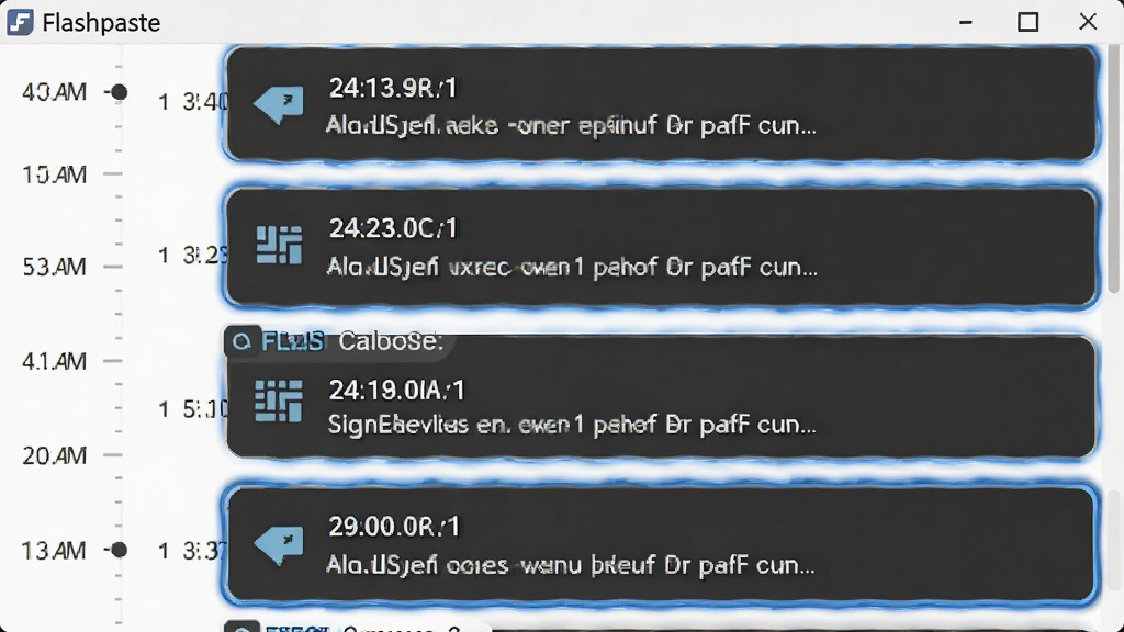 软件名称Flashpaste,主体为一个纵向排列的剪贴板历史时间轴界面,布局为左侧时间刻度、右侧内容卡片,排版按时间倒序展示多条复制记录,风格为扁平化商务风,细节包括每条记录带有类型图标、时间戳和预览文字,选中条目有高亮边框,画质为高清,干净无多余元素